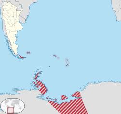 Location of Tierra del Fuego Province within Argentina; de facto and claimed areas hatched.