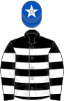 Black, white hoops, royal blue cap, white star