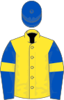Yellow, royal blue sleeves, yellow armlets, royal blue cap