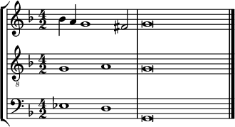 { \override Score.SpacingSpanner.strict-note-spacing = ##t \set Score.proportionalNotationDuration = #(ly:make-moment 1/2) << \new StaffGroup << \new Staff << \set Score.tempoHideNote = ##t \tempo 2 = 60 \set Staff.midiInstrument = #"voice oohs" \clef treble \time 4/2 \relative c'' { \clef treble \time 4/2 \key g \dorian bes4 a g1 fis2 g\breve } >> \new Staff << \set Staff.midiInstrument = #"voice oohs" \clef "treble_8" \time 4/2 \key g \dorian \new Voice \relative c' { g1 a g\breve } >> \new Staff << \set Staff.midiInstrument = #"voice oohs" \clef bass \time 4/2 \key g \dorian \new Voice \relative c { es1 d g,\breve \bar "|." } >> >> >> }