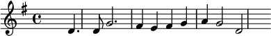 {\key g \major \skip2. d'4. d'8 g'2. fis'4 e'4 fis'4 g'4 a'4 g'2 d'2 \skip2}