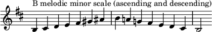  { \override Score.TimeSignature #'stencil = ##f \relative c' { \clef treble \key b \minor \time 7/4 b4^\markup "B melodic minor scale (ascending and descending)" cis d e fis gis ais b a! g! fis e d cis b2 } } 