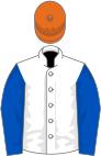 White, dark blue sleeves, orange cap