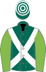 Dark green, white cross belts, light green sleeves, dark green and white hooped cap