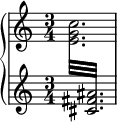  \new PianoStaff << \new Staff = "up" \relative c'' { \time 3/4 s2. } \new Staff = "down" \relative c' { \time 3/4 \voiceOne \repeat tremolo 12 { { \change Staff = "up" \voiceTwo <e g c>32 } { \change Staff = "down" \voiceOne <cis fis ais>32 } } } >> 