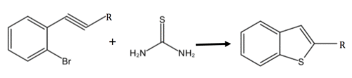 2-bromo-alkynbenzene reacting with thiourea to form 2 substituted benzothiophene.png