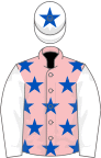 Pink, royal blue stars, white sleeves, white cap, royal blue star