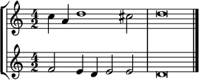  { << \new StaffGroup << \new Staff << \set Staff.midiInstrument = #"voice oohs" \clef treble \time 4/2 \relative c'' { \clef treble \time 4/2 c4 a d1 cis2 d\breve } >> \new Staff << \set Staff.midiInstrument = #"voice oohs" \clef treble \time 4/2 \new Voice \relative c' { f2 e4 d e2 e d\breve \bar "|." } >> >> >> } 