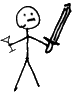 A crude stick-figure drawing of a man with a sword in his left hand and a martini glass in his right hand.