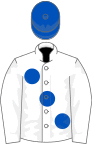 White, large royal blue spots, royal blue cap