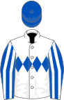 White, Royal Blue triple diamond, Royal Blue and White striped sleeves, Royal Blue cap