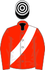 Scarlet, white sash, black and white hooped cap