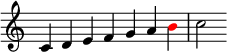  { \override Score.TimeSignature #'stencil = ##f \relative c' { \clef treble \key c \major \time 7/4 c4 d e f g a \once \override NoteHead.color = #red b c2 } } 