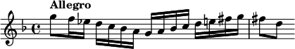  \relative c''' { \set Staff.midiInstrument = #"violin" \set Score.tempoHideNote = ##t \tempo 4 = 120 \key g \dorian \time 4/4 g8^\markup \bold "Allegro" f16 es d c bes a g a bes c d e fis g fis8[ d] } 