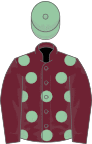 Claret, eton blue spots on body, blue cap