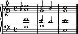  \new PianoStaff << \new Staff << \new Voice \relative c'' { \stemUp \clef treble \key c \major \time 4/4 des1 c2 b c1 } \new Voice \relative c'' { \stemDown aes1 g g } >> \new Staff << \new Voice \relative c' { \stemUp \clef bass \key c \major \time 4/4 f1 e2 d e1 } \new Voice \relative c' { \stemDown f,1 g c, \bar "||" } >> >> 