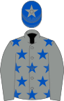 Grey, royal blue stars on body, blue cap, grey star