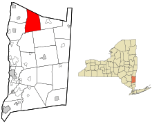Left: Map of Duchess County, New York with Milan highlighted. Right: Map of New York State with Duchess County highlighted.
