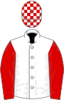 White, red sleeves, white and red check cap