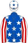 Royal blue, white stars, red and white striped sleeves, white cap, royal blue stars