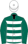 Dark green, white hoops, dark green sleeves, white cap