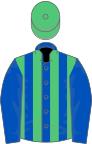 Royal blue and emerald green stripes, blue sleeves, green cap