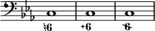 { \override Score.TimeSignature #'stencil = ##f \time 4/4 \key c \minor \clef bass << { c1 c c } \figures { < 6! >1 < 6\+ > <6\\> } >> }