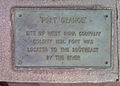 alt=Bronze marker on the approximate site of the fort. It reads "Fort Orange / Site of West India Company / Colony 1624. Fort Was / Located To The Southeast / By the River".