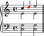 \new PianoStaff << \new Staff << \new Voice \relative c'' { \clef treble \key c \major \time 4/4 \stemUp c4 \once \override NoteHead.color = #red d e2 } \new Voice \relative c' { \stemDown e2 e } >> \new Staff << \relative c { \clef bass \key c \major \time 4/4 <c g'>2 <c g'> \bar "||" } >> >> 