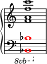  { \override Score.TimeSignature #'stencil = ##f \new PianoStaff << \new Staff << \relative c' { \stemUp \clef treble \key c \major \time 4/4 <f a f' c'>1 } >> \new Staff << \relative c, { \clef bass \key c \major \time 4/4 \ottava #-1 \once \override NoteHead.color = #red <bes bes'>1 } >> >> } 