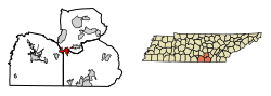 Location of Monteagle in Grundy County, Tennessee.