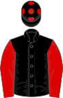 Black, red sleeves, black cap, red spots