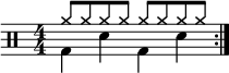  \new Staff << \new voice \relative c' { \clef percussion \numericTimeSignature \time 4/4 \set Score.tempoHideNote = ##t \tempo 4 = 100 \stemDown \repeat volta 2 { g4 d' g, d' } } \new voice \relative c'' { \override NoteHead.style = #'cross \stemUp \repeat volta 2 { a8 a a a a a a a } } >>