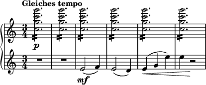  { \new PianoStaff << \new Staff \relative c'' { \set Staff.midiInstrument = #"piano" \key c \major \clef treble \time 3/4 \set Score.tempoHideNote = ##t \tempo "Gleiches tempo" 4 = 190 <c g' c g'>2. \p :16 | % 2 <c g' c g'>2. :16 | % 3 <c g' c g'>2. :16 | % 4 <c g' c g'>2. :16| % 5 <c g' c g'>2. :16 | % 6 <c g' c g'>2. :16 } \new Staff \relative e' { \set Staff.midiInstrument = #"piano" \key c \major \clef treble \time 3/4 R2.*2 | % 3 e2 \mf ( f4 ) | % 4 e2 ( d4 ) | % 5 e4 \< ( g4 e'4 ) | % 6 e4 r2 \! } >> } 