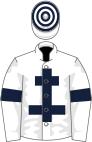 White, dark blue cross of lorraine and armlets, hooped cap