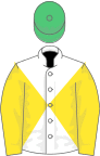 Yellow and white diabolo, yellow sleeves, emerald green cap