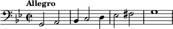 \relative c { \clef bass \time 2/2 \key g \minor \tempo "Allegro" g2 a bes4 c2 d4 es2 fis g1 } 