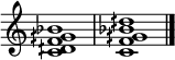 \relative c' { \omit Staff.TimeSignature \set Score.tempoHideNote = ##t <c dih f gih bes>1 \bar "|" <c f gih bes dih>1 \bar "|." }