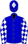 Blue, white diamonds on sleeves, blue cap, white diamond