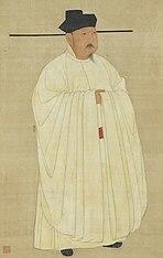 Painted image of a man standing erect, wearing white silk robes, black hat, black shoes, and sporting a black mustache and goatee