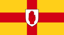 The flag of Ulster: a red cross over a gold background.