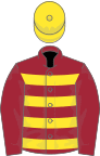 Maroon, yellow hoops, maroon sleeves, yellow cap