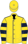 Yellow, dark blue seams, hooped sleeves, yellow cap