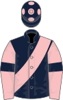 dark blue, pink sash, pink sleeves, dark blue armlets, dark blue cap with pink spots