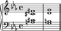  \new PianoStaff << \new Staff << \new Voice \relative c' { \stemUp \clef treble \key c \minor \time 4/4 fis1 g } \new Voice \relative c' { \stemDown cis1 d } >> \new Staff << \new Voice \relative c' { \stemUp \clef bass \key c \minor \time 4/4 cis1 b } \new Voice \relative c' { \stemDown a1 g \bar "||" } >> >> 