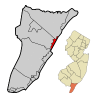 Sea Isle City highlighted in Cape May County. Inset map: Cape May County highlighted in the State of New Jersey.