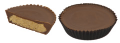 Reese's Peanut Butter Cups, one whole with wrapper and one split