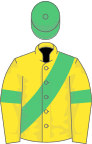 Yellow, emerald green sash, armlets and cap