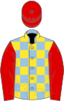 Light blue and yellow check, red sleeves and cap