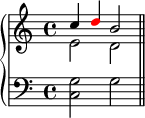  \new PianoStaff << \new Staff << \new Voice \relative c'' { \stemUp \clef treble \key c \major \time 4/4 c4 \once \override NoteHead.color = #red d b2 } \new Voice \relative c' { \stemDown e2 d } >> \new Staff << \new Voice \relative c { \clef bass \key c \major \time 4/4 <c g'>2 g' \bar "||" } >> >> 